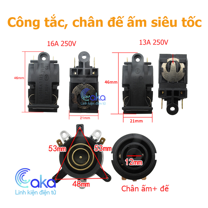 Bộ chân đế ấm siêu tốc, công tắc ấm siêu tốc 13a 16a 250v loại xịn