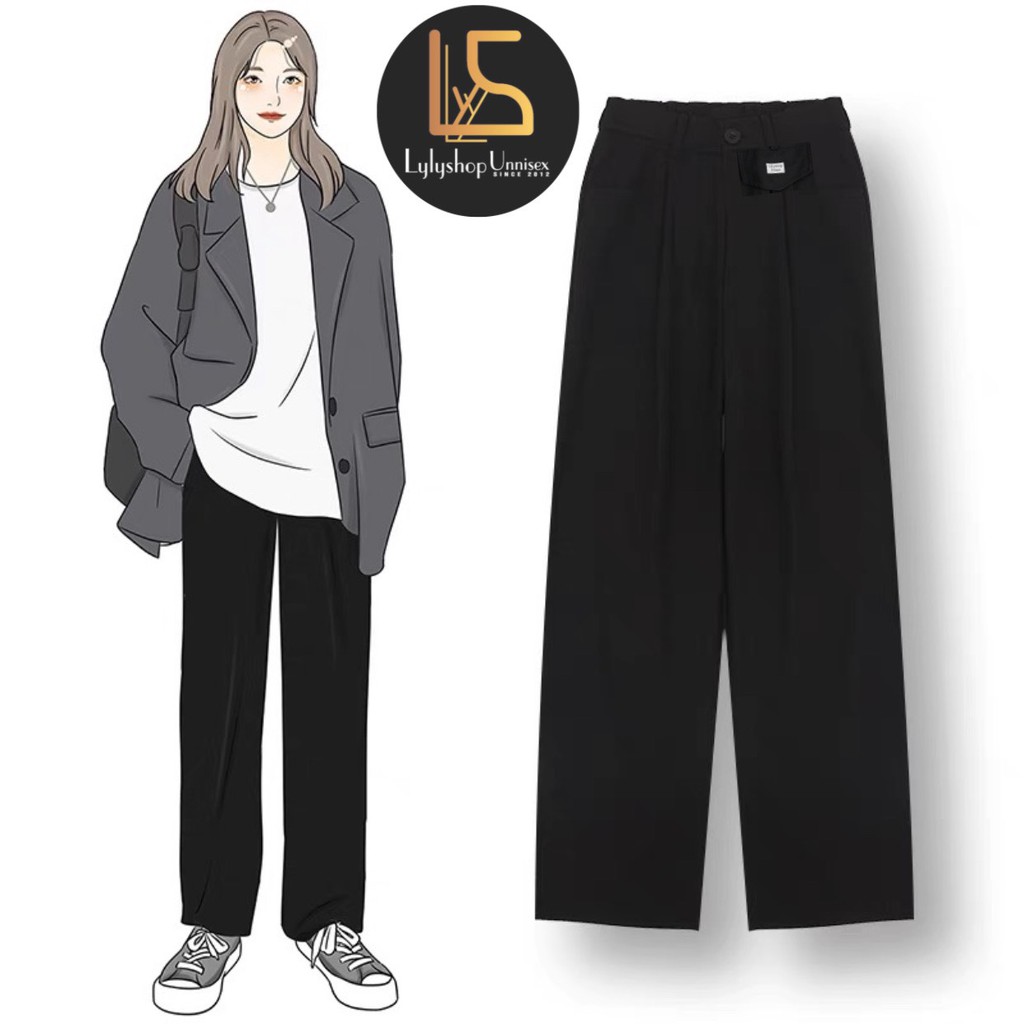 Quần ống rộng nữ LylyshopUnisex, quần vải dài ống suông cạp cúc lưng cao kiểu basic