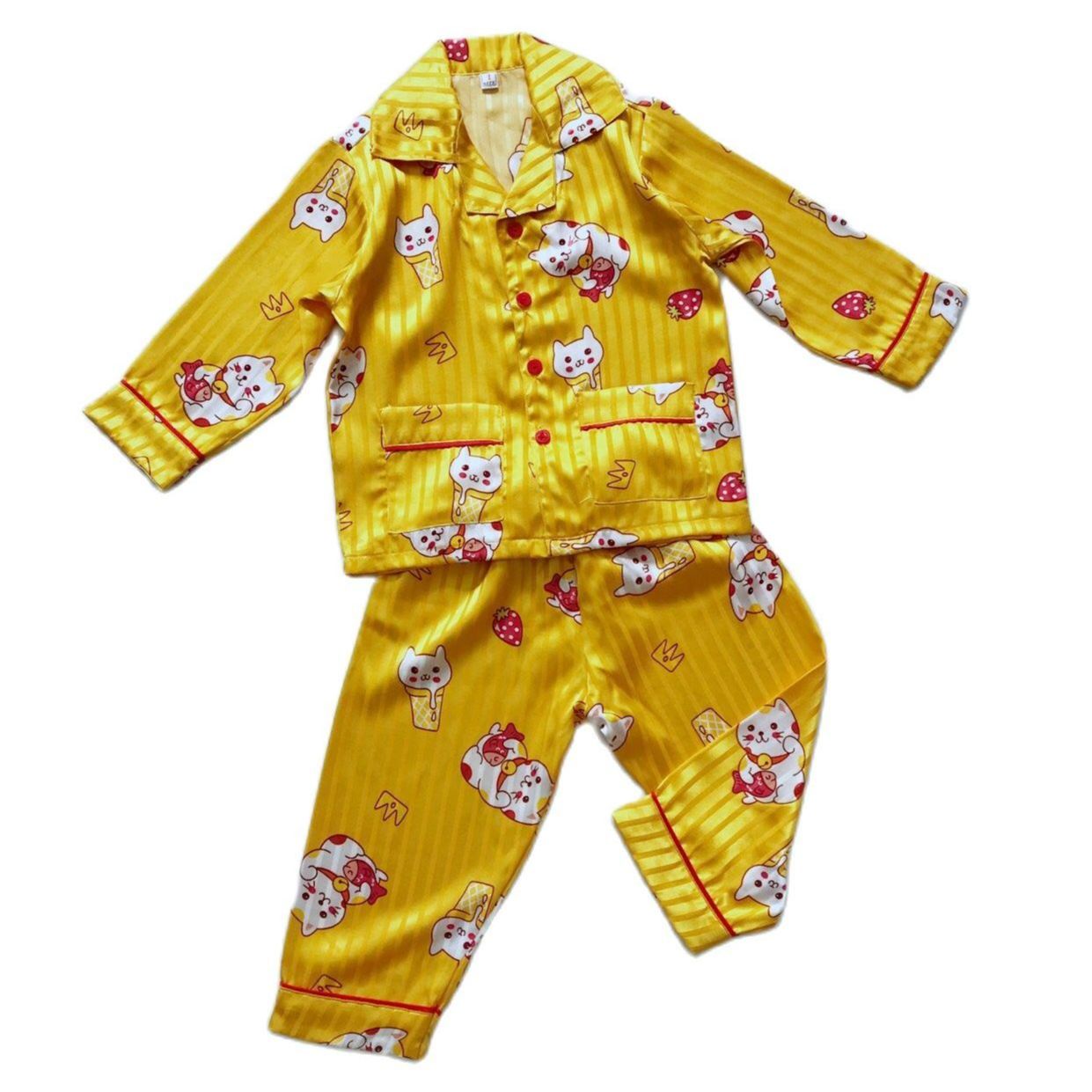 Đồ bộ Quần áo trẻ em Pijama dài cho bé trai bé gái vải Gấm mềm mịn đẹp thoáng mát Mèo vàng may mắn size 10-40kg cho bé 1-9 tuổi