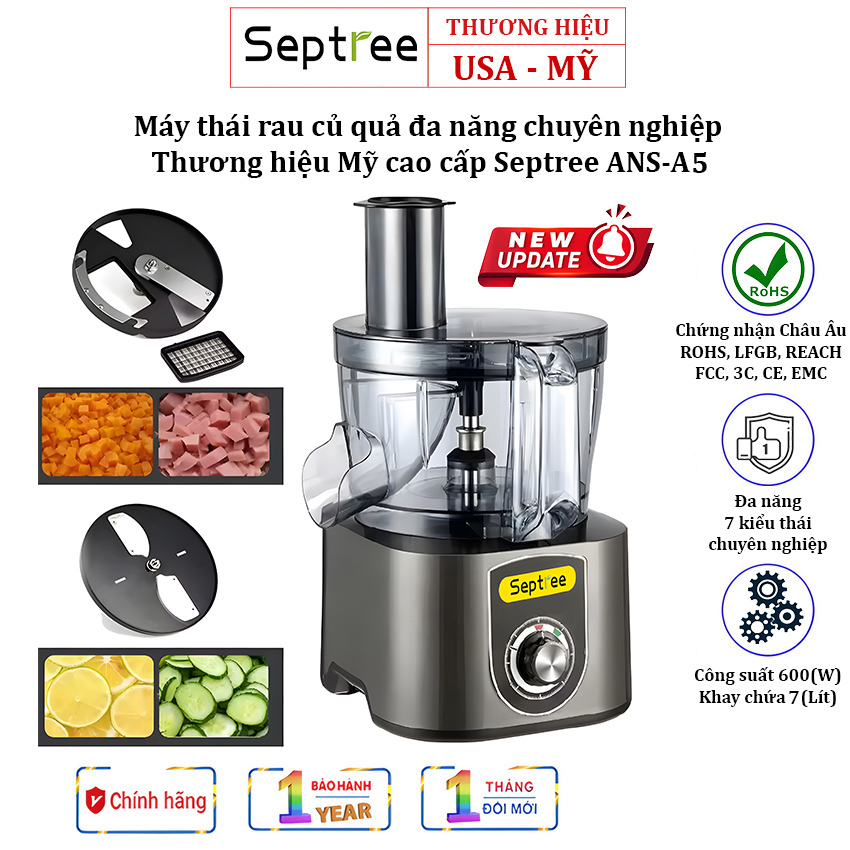 Máy thái rau củ quả septree ans-a5 thương hiệu mỹ công suất lớn 600w, khay chứa 7l, năng suất cắt 300kg/giờ, lát cắt mịn - bảo hành 1 năm