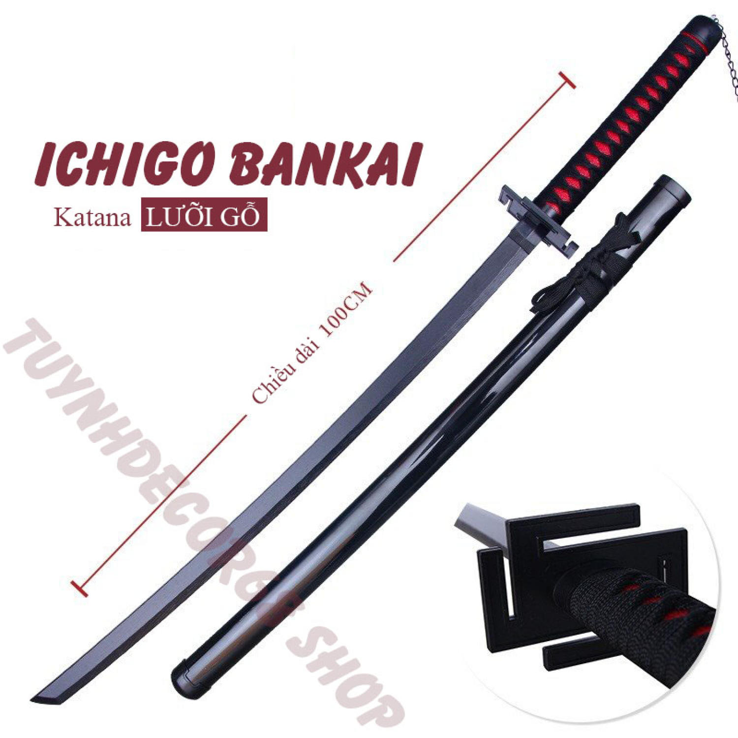 Tặng kệ + Freeship Kiếm Ichigo Bankai, Kurosaki Ichigo, lưỡi Gỗ cao cấp dài 104cm