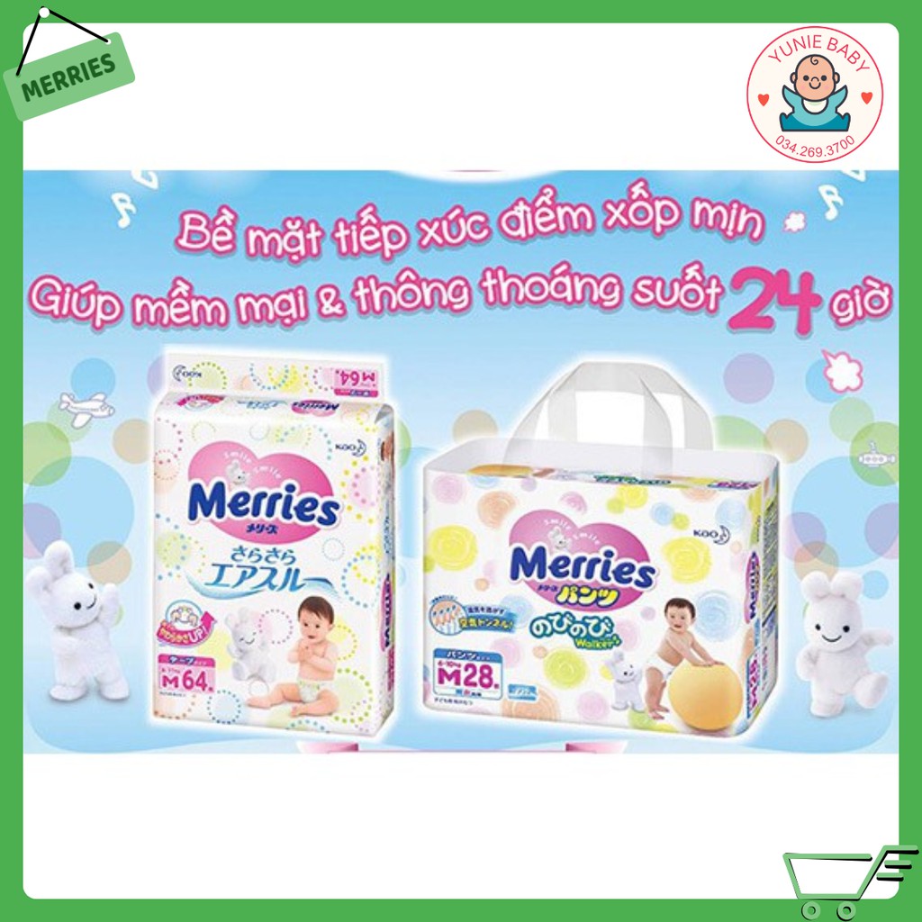 Tả bỉm dán/quần merries nhật nb90, s82, m64, l54..