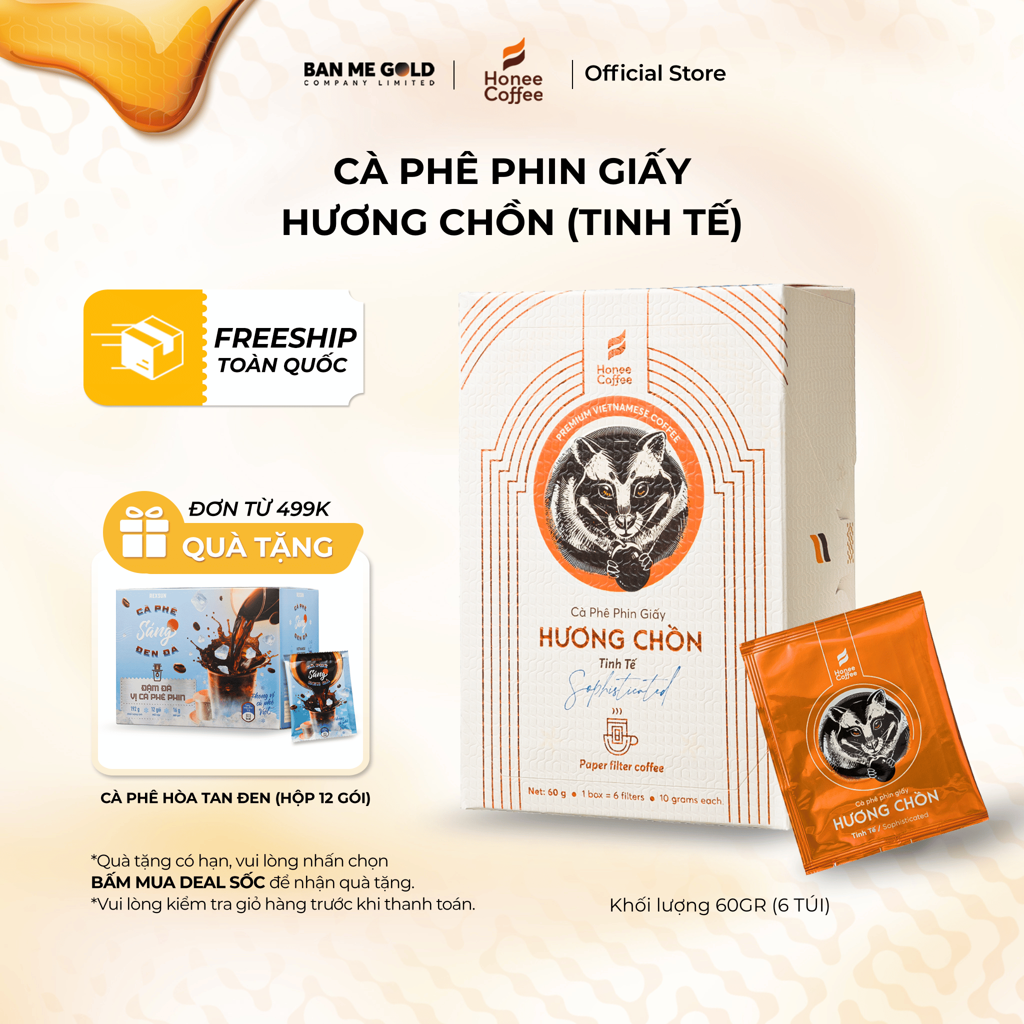 Cà Phê Hương Chồn (Tinh Tế) Phin Giấy Hộp 60gr (6 Túi) Không Đường Sữa - Cafe Chồn Chính Hãng Ban Me Gold - Honee Coffee