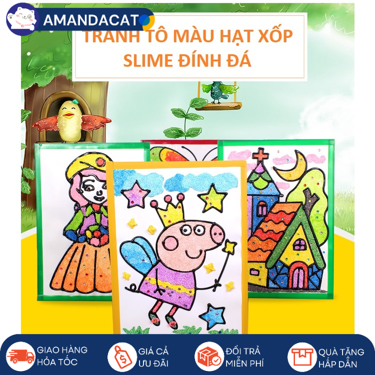 Tranh tô màu Hạt Xốp, Bọt Xốp Slime cho bé - Tranh thủ công hạt Xốp đính đá