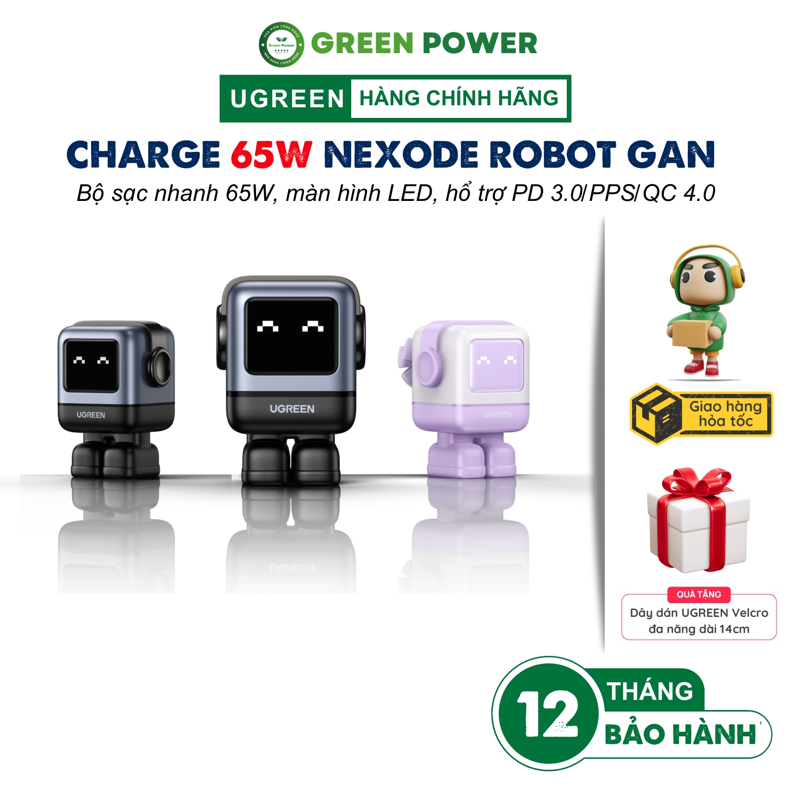 Củ sạc siêu nhanh ugreen cd361 nexode robot gan 65w, hiển thị led, công nghệ pd3.0/qc4.0/pps - chính hãng bh 18 tháng