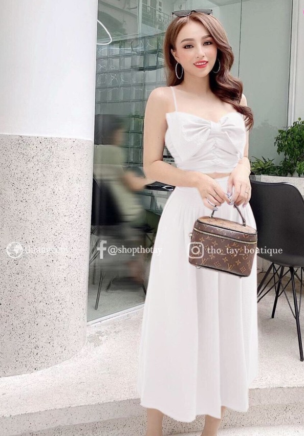 Set bộ nữ áo croptop đính nơ ngực kèm quần dài ống rộng
