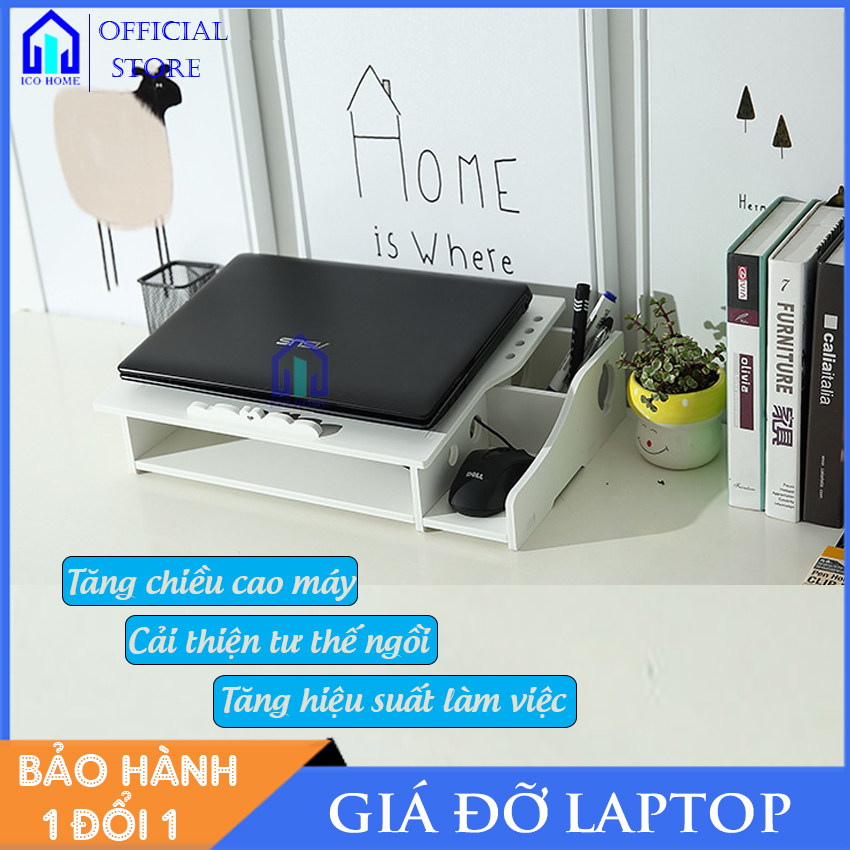 Giá để máy tính laptop bằng gỗ để bàn, đế tản nhiệt, có khay đựng bút, tài liệu - Ico Home