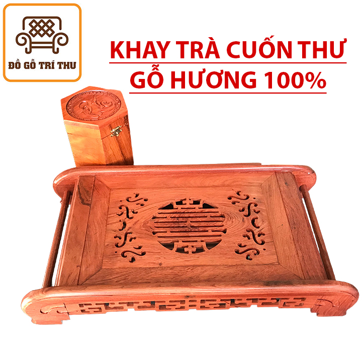 Khay trà chân cuốn thư đục chạm chiện gỗ Hương