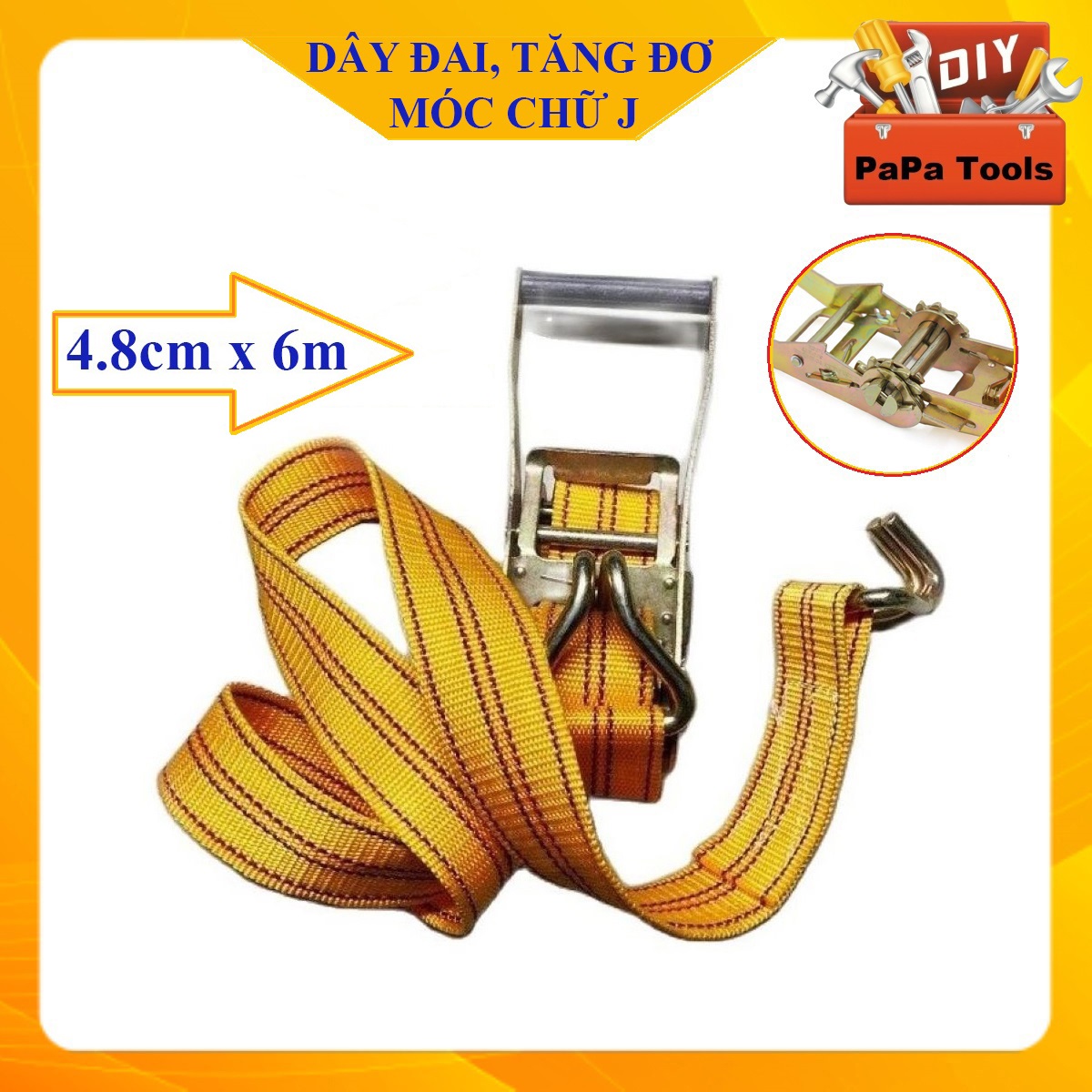 Dây đai, tăng đơ móc chữ J siết chăng hàng xe tải, xe bán tải size 4.8cm*6m/10m, bộ sản phẩm bao gồm cảo và dây móc (PAPA TOOLS)