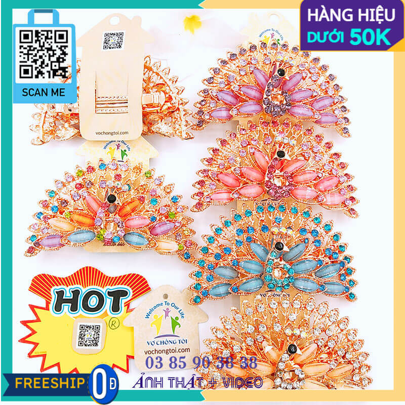 Kẹp tóc nữ Hàn Quốc, cặp tóc pha lê đính đá, phụ kiện nữ 3d chim công sang trọng - thương hiệu Vợ Chồng Tôi
