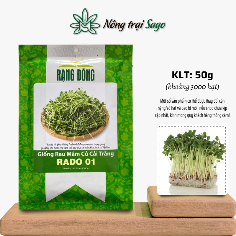 Hạt giống Rau Mầm Củ Cải Trắng Rado 01 (50g~3000 hạt) dễ chăm sóc, trồng quanh năm, nhanh thu hoạch, hiệu Hạt giống Rạng Đông - Nông Trại Sago