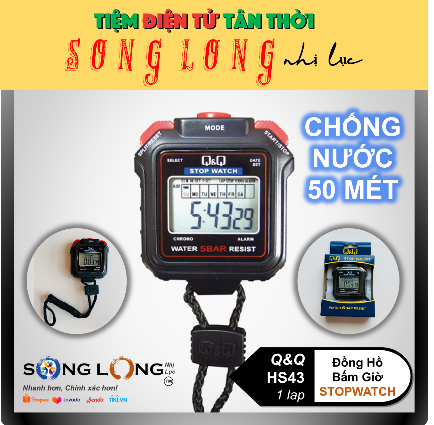 Đồng Hồ Bấm giờ Q&Q HS-43 – 1 lap –Chống thấm nước đến 50 met, Chuyên dùng trong Thể Thao- Đồng Hồ Q&Q Citizen Chính Hãn