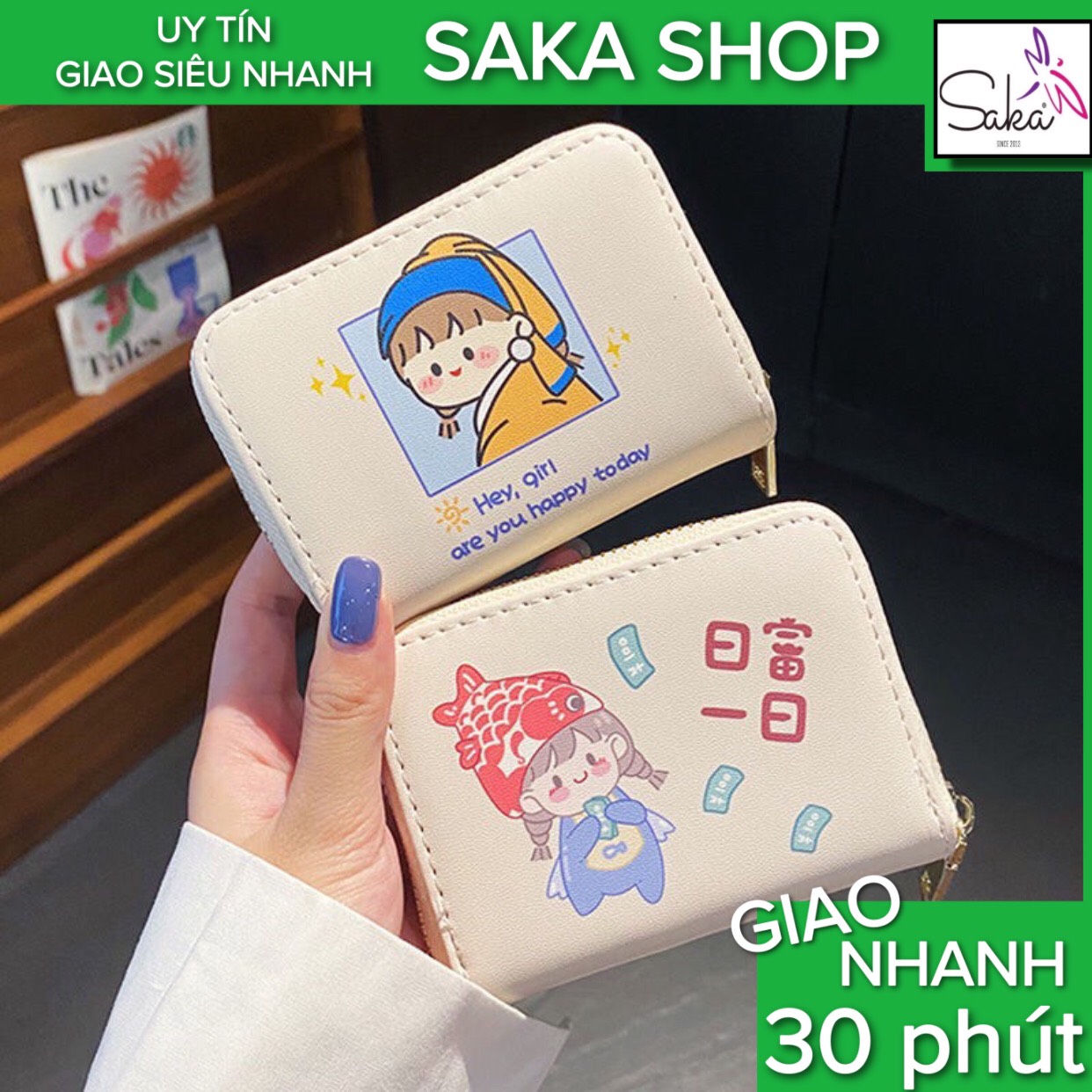 Ví cầm tay nhỏ nữ nhiều ngăn hình cô gái trà sữa
