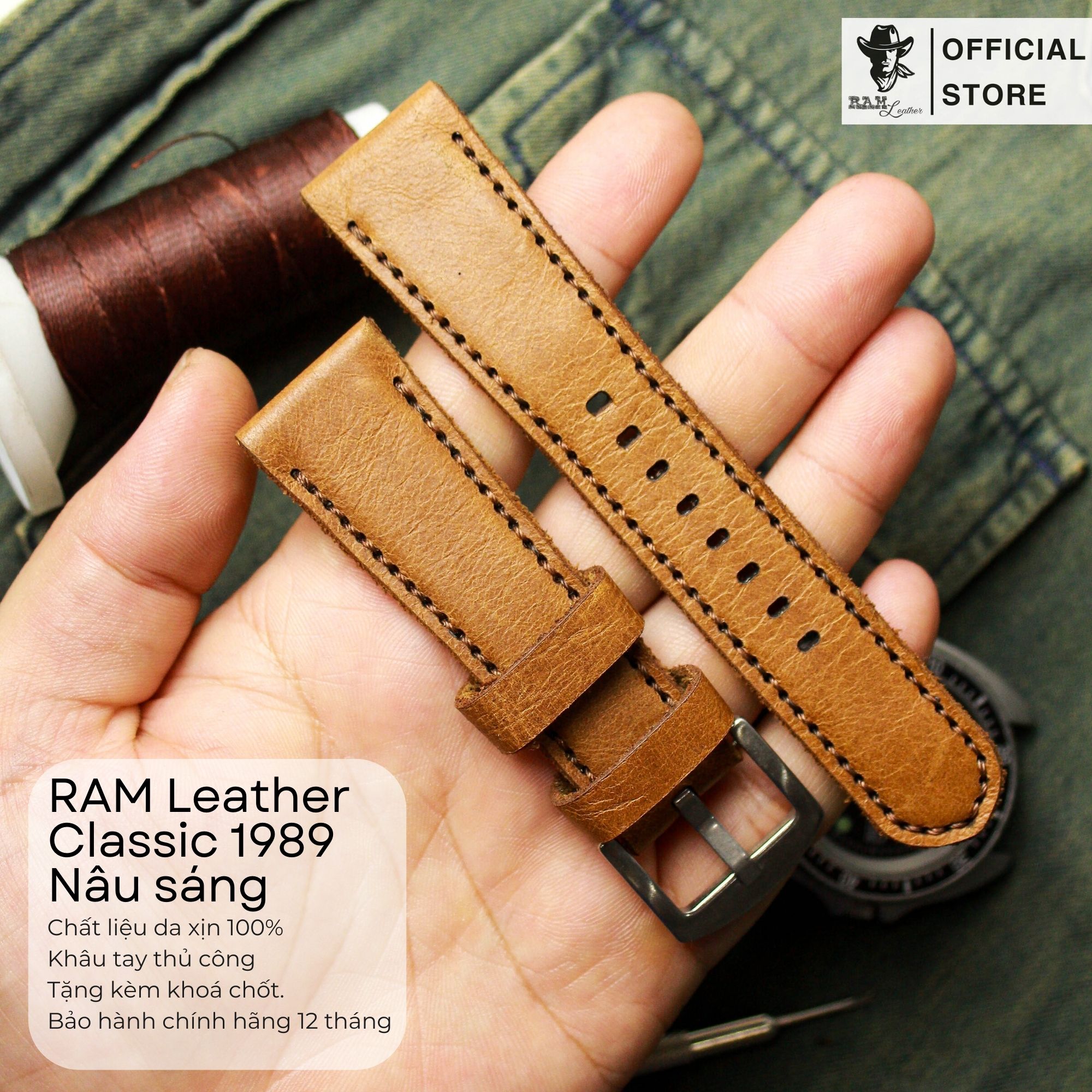Dây da đồng hồ siêu bền da bò thật ram leather classic 1989 da bê vàng
