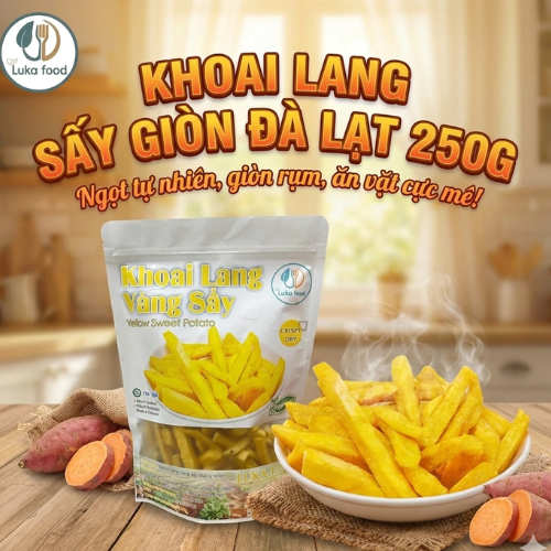 Khoai Lang Sấy Giòn Đà Lạt - Túi 250g Giòn Rụm, Nguyên Vị, Hàng Loại 1, Ăn Vặt Healthy, Ít Ngọt, Không Hôi Dầu Luka Food