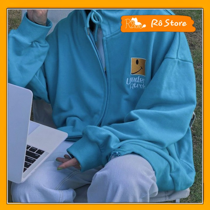 Áo khoác nỉ hoodie có mũ thêu hình mặt cười under unisex vải nỉ kho siêu đẹp rô store ak09