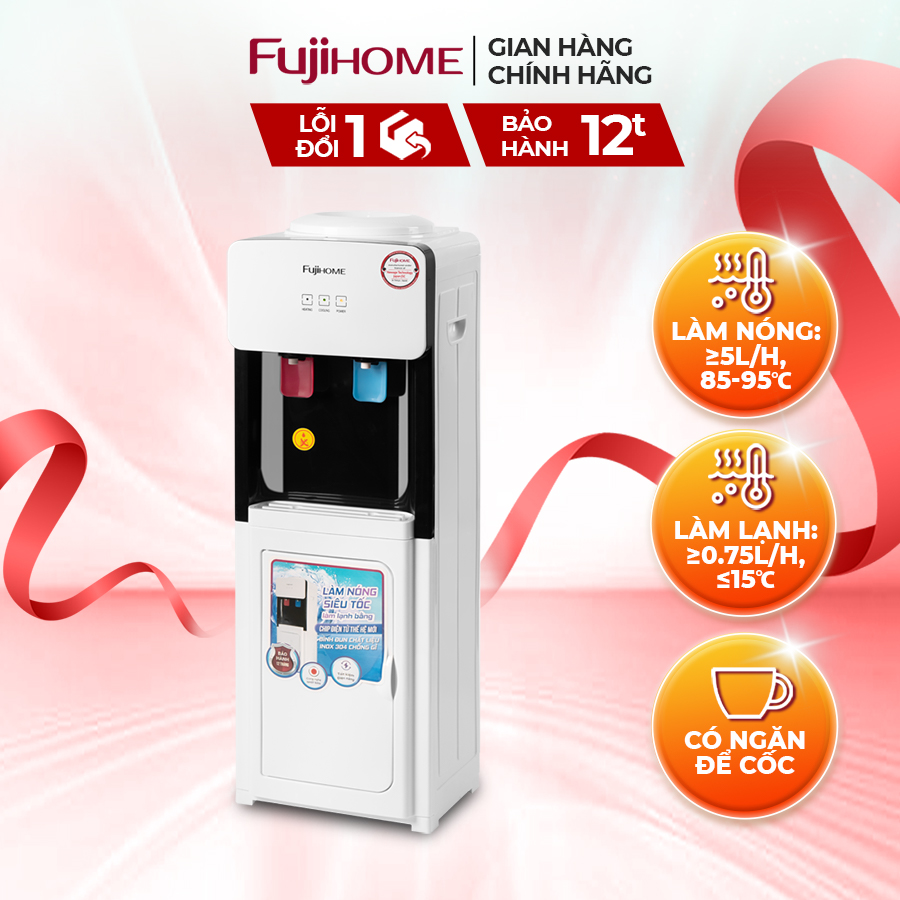 Cây nước nóng lạnh FUJIHOME WD2002E làm lạnh điện tử làm nóng nhanh có ngăn để cốc chén tiết kiệm điện năng bảo hành điện tử toàn quốc 12 tháng