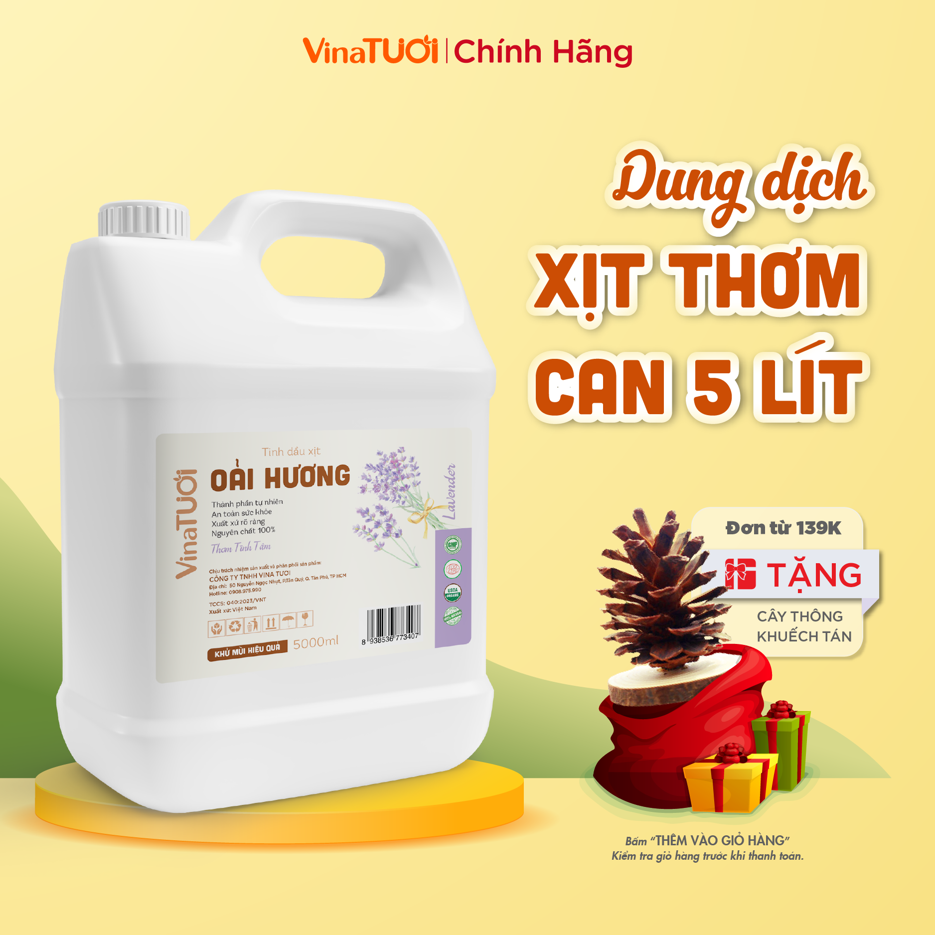 Can 5 Lít Dung Dịch Tinh Dầu Xịt Nguyên Chất VINA TƯƠI 5000ml Khử Mùi Hiệu Quả, Thanh Lọc Không Khí