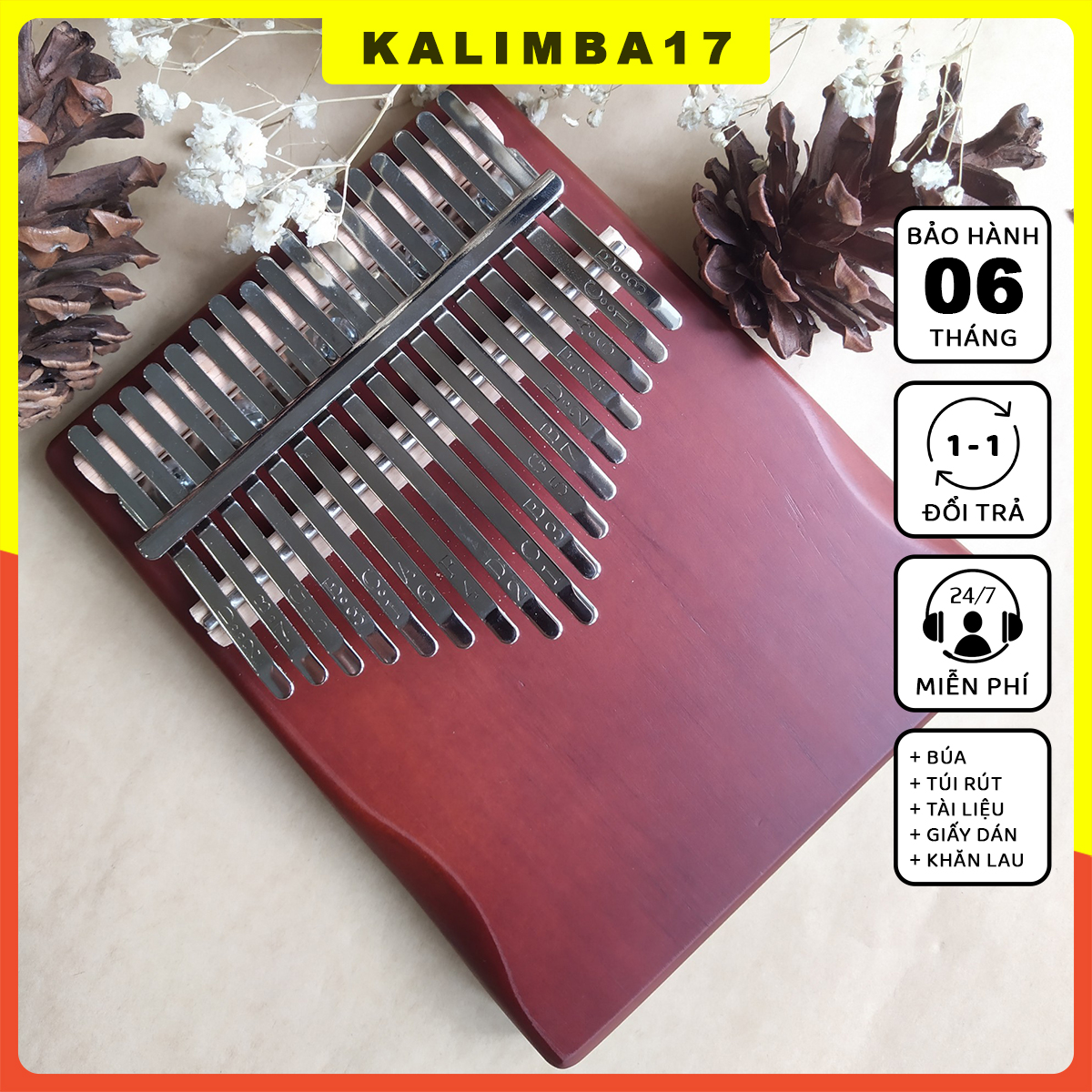 Đàn kalimba 17 phím cơ bản màu nâu, Kalimba gỗ tấm nguyên khối, Piano ngón tay cái , đồ chơi cho bé hấp dẫn kèm phụ kiện
