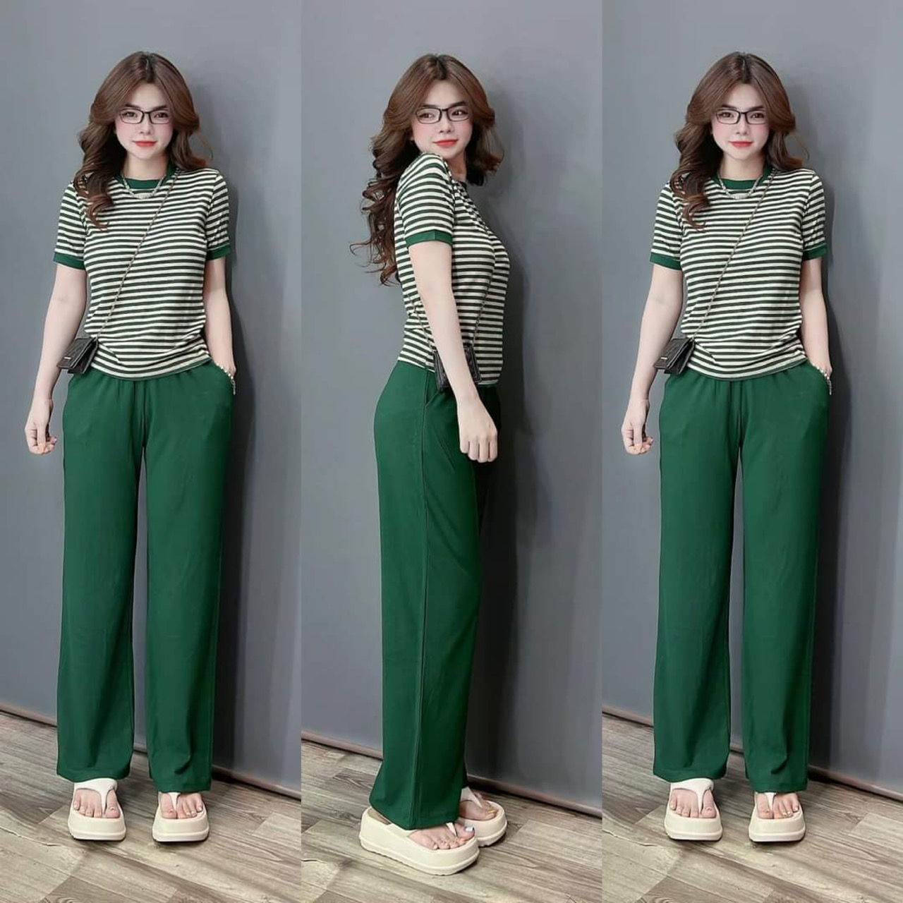 Set đồ bộ thun gân tăm lạnh áo phom suông quần ống rộng