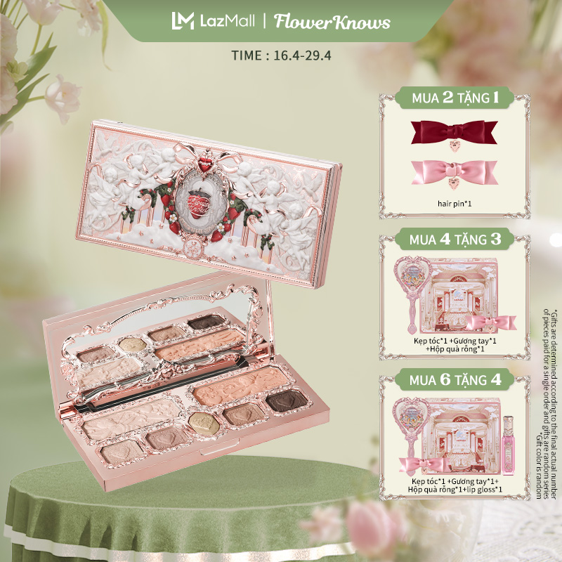 Flower Knows Hộp phấn trang điểm dòng thần tình yêu dâu 14g pink Eyeshadow/Blush/Highlighter Thực tế đa năng dễ mang bên mình Strawberry Cupid Collection