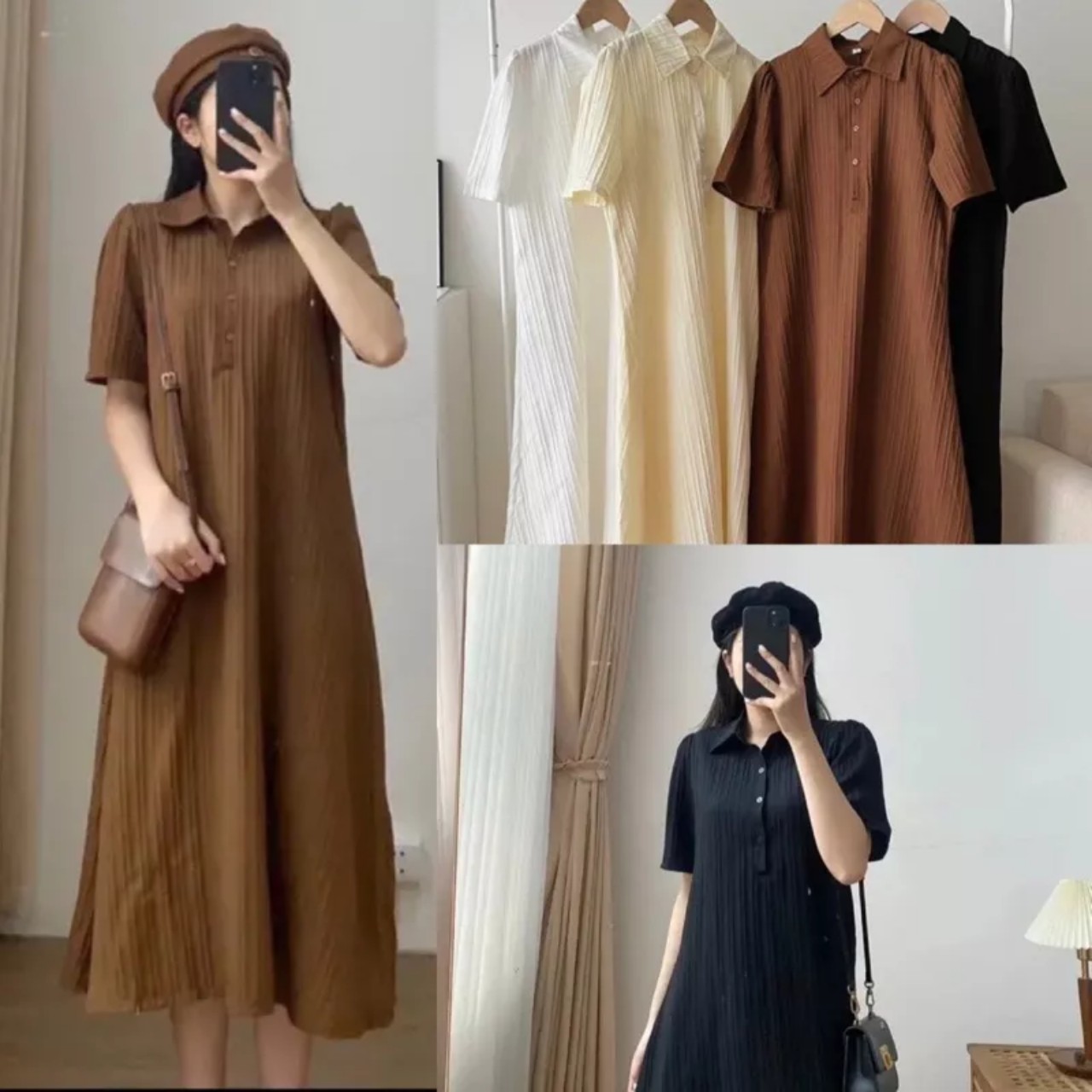 Váy suông cổ polo cộc tay đũi gân dáng xòe đầm suông cổ sơ mi siêu mát