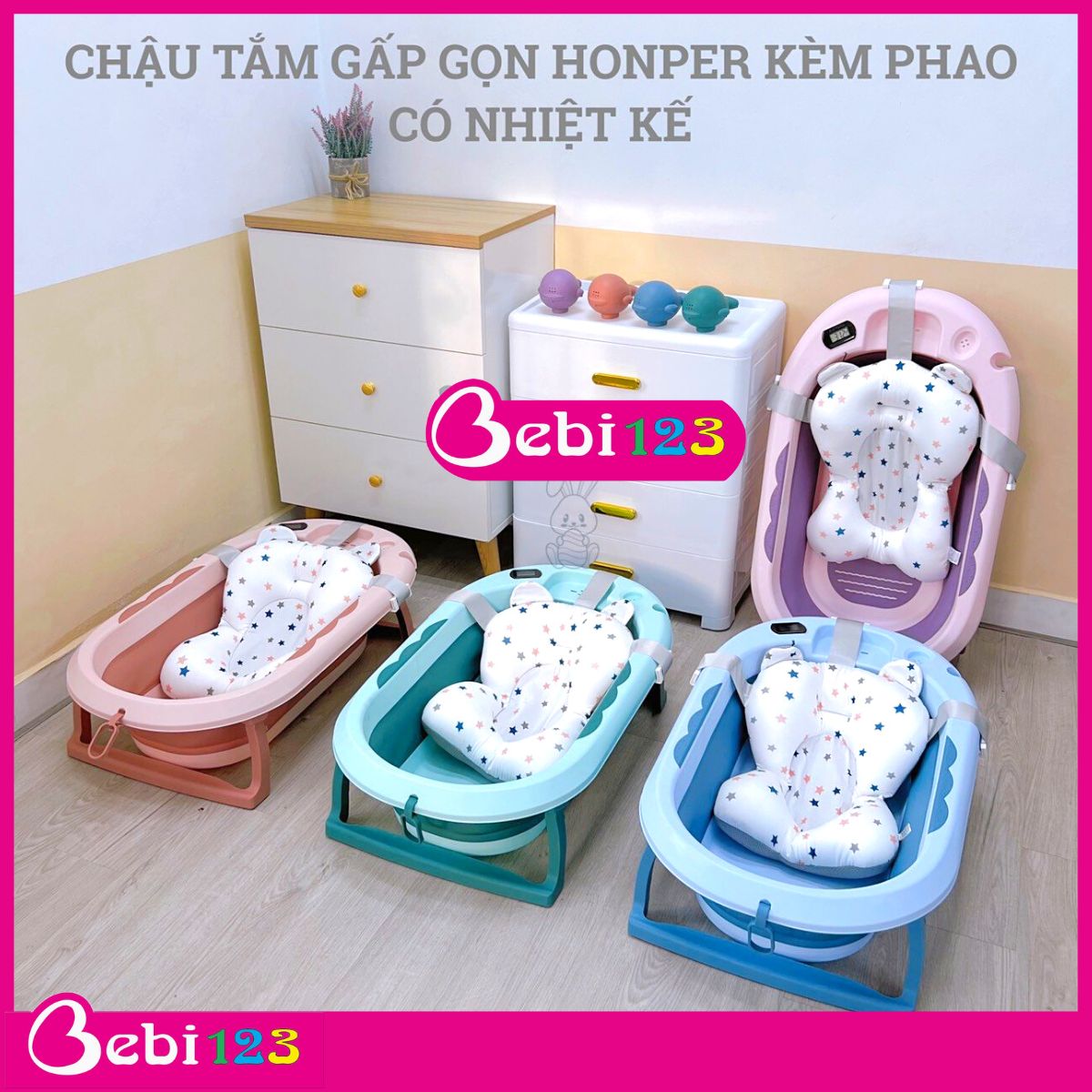 Thau, Chậu Honper Có Nhiệt Kế Đo Nước tắm gấp gọn tiện lợi cho bé