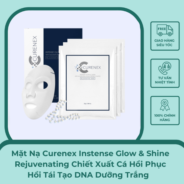 Mặt Nạ Curenex Instense Glow & Shine Rejuvenating Chiết Xuất Cá Hồi Phục Hồi Tái Tạo DNA Dưỡng Trắng Chống Lão Hóa Mask Dưỡng Ẩm Hộp 5 Miếng - Xuân Nghi Store
