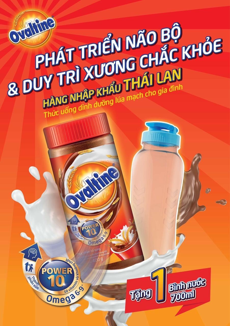 Thức uống lúa mạch hương vị ca cao Ovaltine bột hũ thủy tinh 400g kèm 1 bình đựng nước