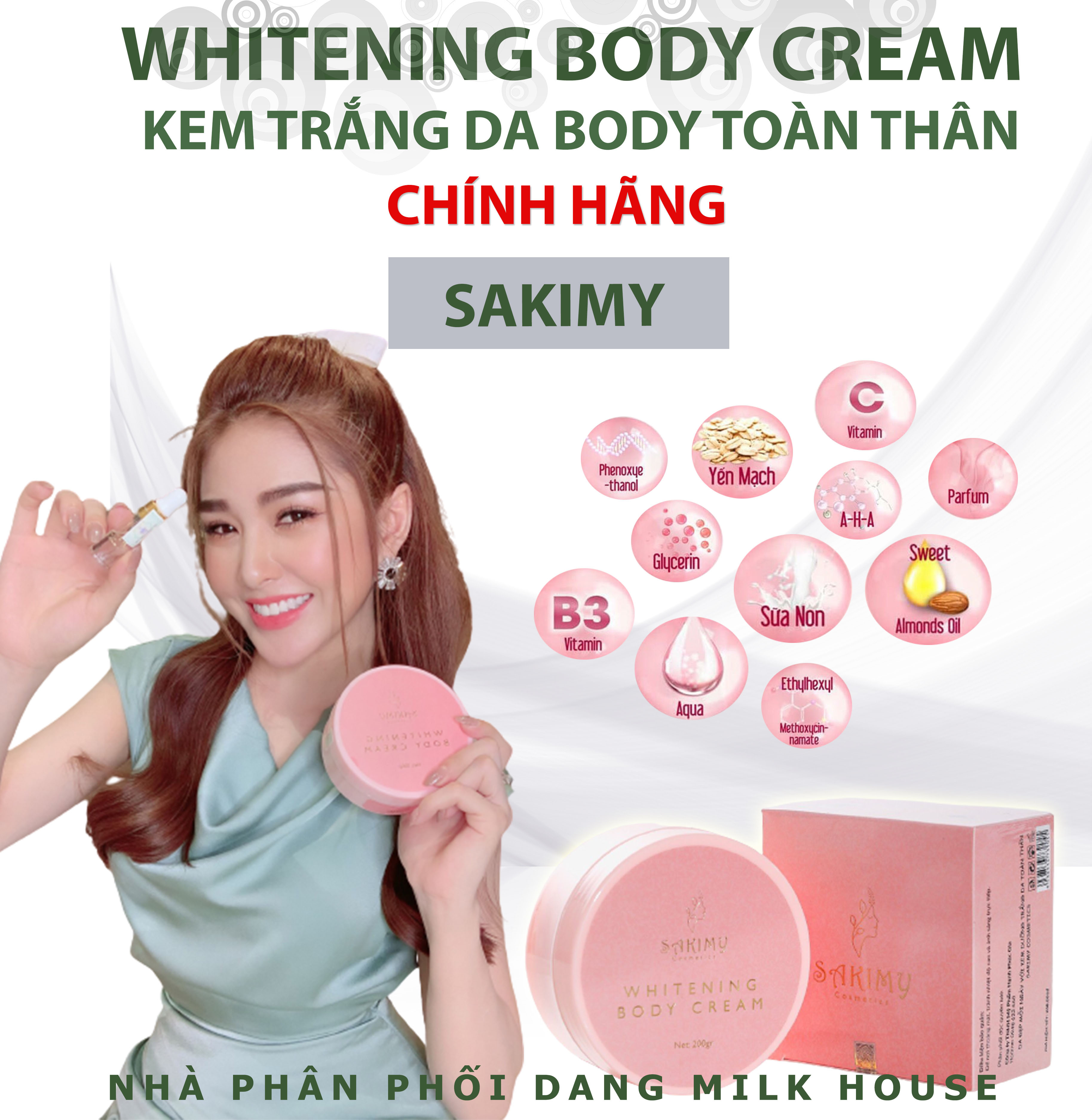 Kem Trắng Da BODY SAKIMY 200g - Hiệu Quả Dưỡng Trắng Nhanh - Dưỡng Ẩm Sâu - Chống Lão Hóa - Có Thành Phần Chống Nắng Bảo Vệ Da Khỏi Tia UV - tặng kèm chai serum kích trắng SAKIMY (chính hãng)