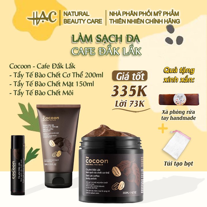 Làm Sạch Da Cafe Đắk Lắk, tẩy tế bào chết cơ thể, mặt và môi, giúp da sáng mịn đều màu - Cocoon
