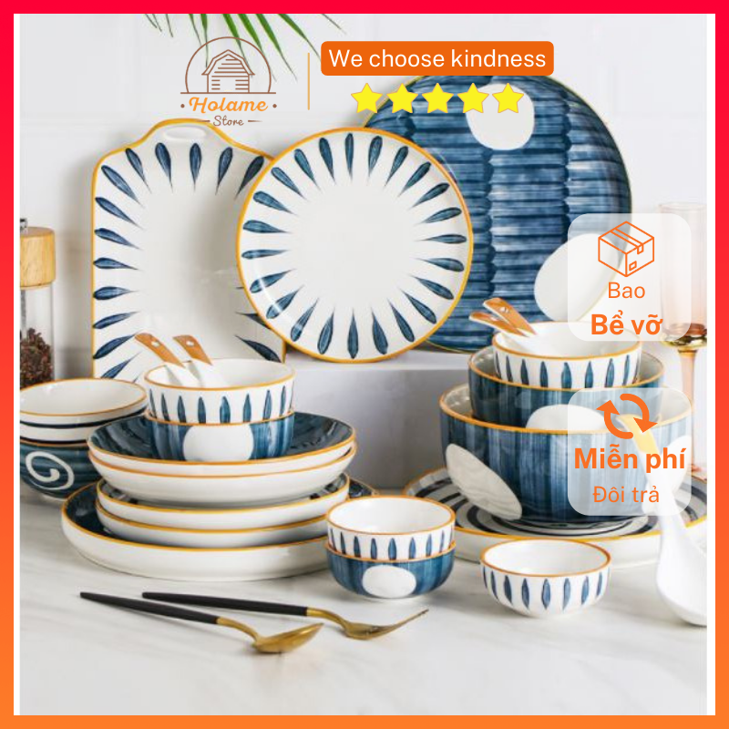 Bộ bát đĩa gốm sứ, bát đĩa cao cấp họa tiết phong cách Nhật Bản 40 món dành cho 8 người dùng trong gia đình, nhà hàng Nhật