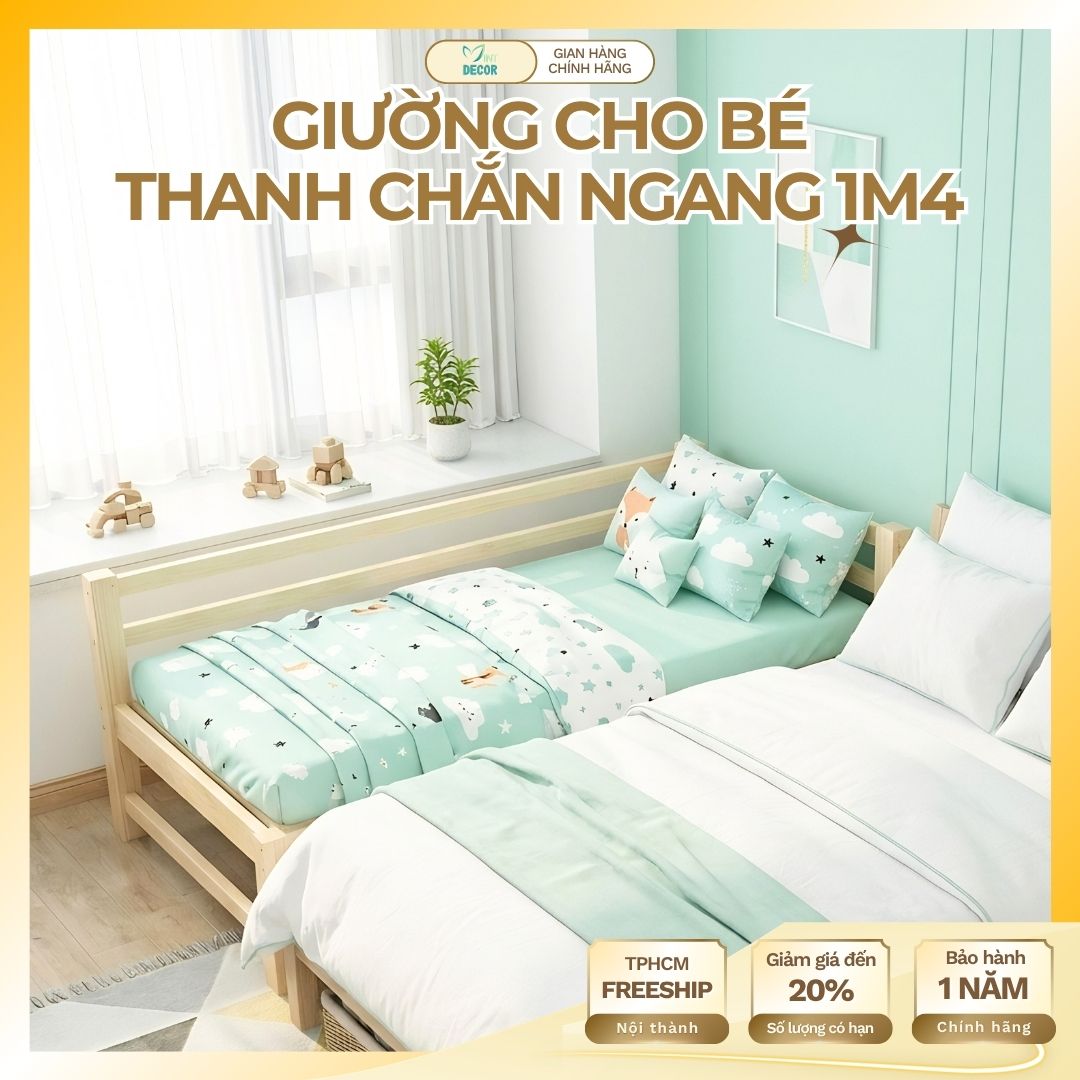 Giường Gỗ Cho Bé 1m4 Có Rào Chắn Ngang, Chắc Chắn, Gỗ Thông Thân Thiện, Tự Lập Cho Trẻ Ngủ Riêng