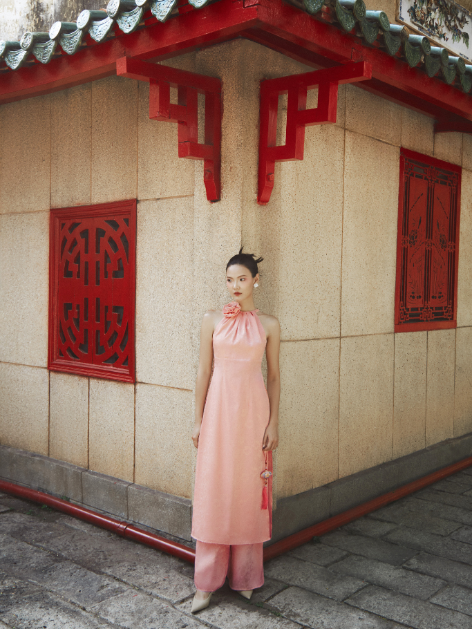 Coco sin - set áo dài lụa gấm hồng nude