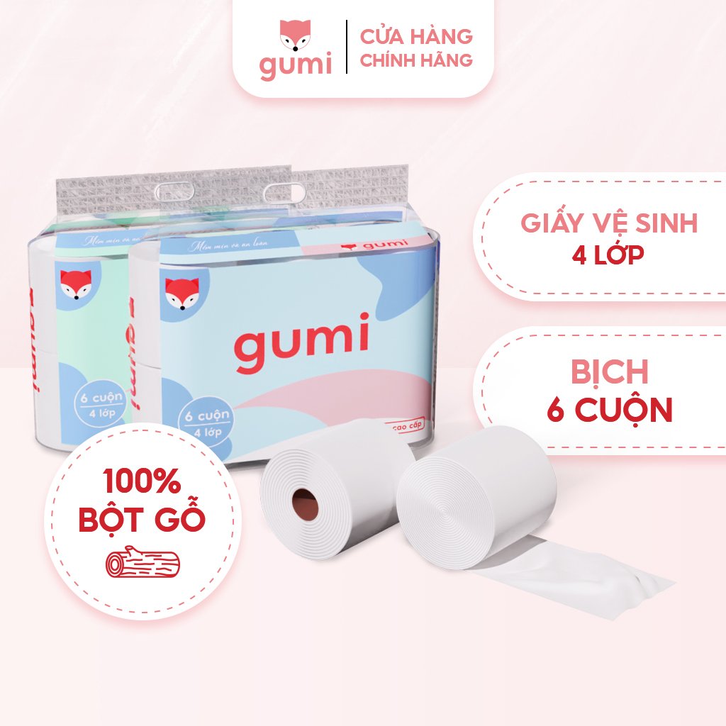 Giấy vệ sinh cuộn Gumi cao cấp bịch 6 cuộn 4 lớp dày dặn, mềm mịn
