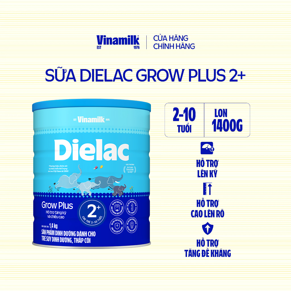 Sữa Non Vinamilk Dielac Grow Plus 2+ HT 1400g -Tăng cân cao khỏe, hỗ trợ Trẻ suy dinh dưỡng, thấp còi