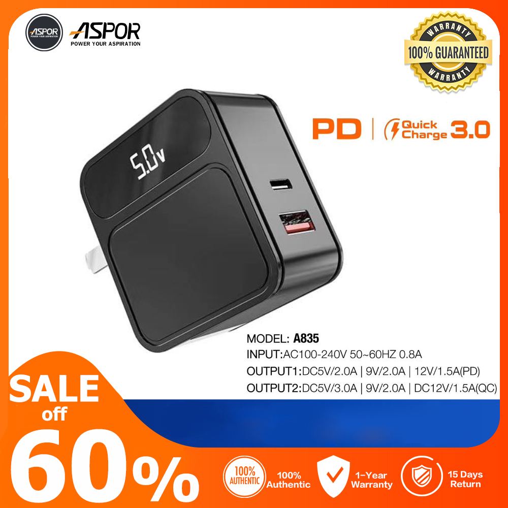 ASPOR A835 - Củ sạc iphone - Củ sạc nhanh hiển thị Ampe -Output Type-c và USB  - Bộ sạc nhanh lên đến 12V cho điện thoại, máy tính bảng