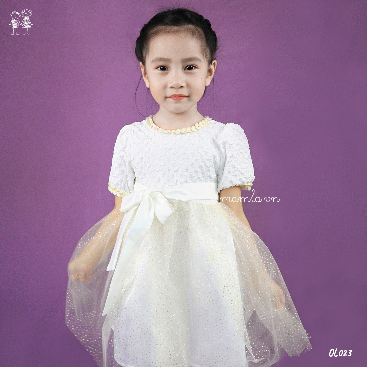Đầm công chúa trắng viền nhũ ánh kim xinh lung linh cho Bé gái