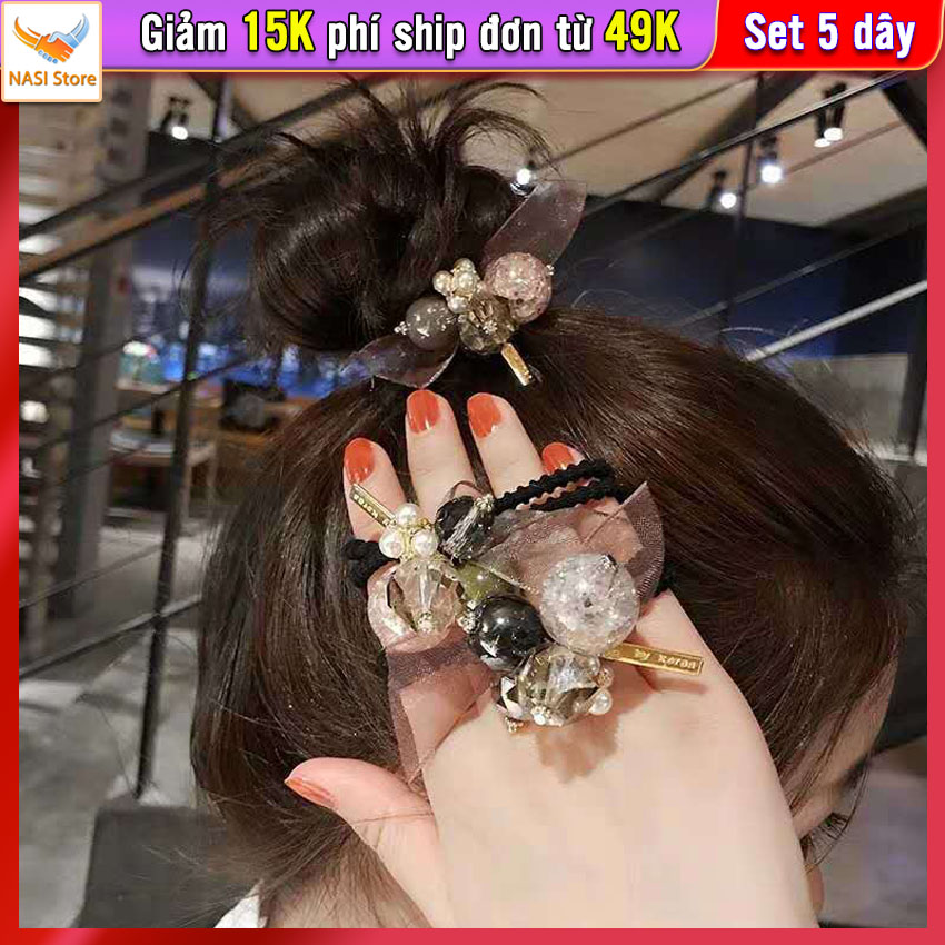 Dây buộc tóc nữ pha lê cao cấp [Set 5 dây] NASI Store sang trọng dễ thương phong cách hàn quốc thun cột tóc nữ co giãn tốt phụ kiện tóc
