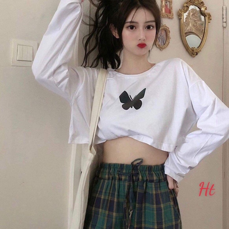 Áo croptop bướm bảy màu tay dài HT12 , Áo Nỉ From rộng, tay phồng, Chất nỉ mềm, không xù, ấm áp, mặc cho nam và nữ - The Thy