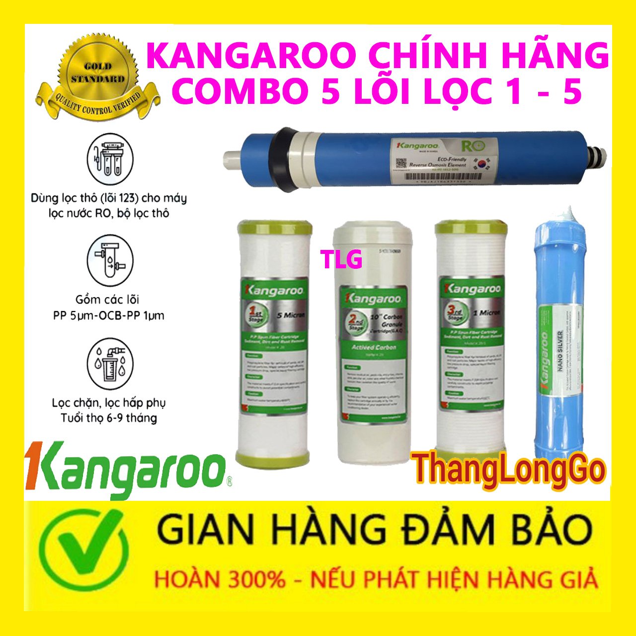 COMBO 5 LÕI LỌC NƯỚC KANGAROO | GỒM 1 BỘ 123  1 MÀNG RO KANGAROO 1 LÕI NANO