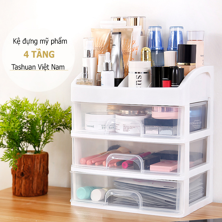 Kệ đựng mỹ phẩm 4 tầng nhựa Tashuan Việt Nam cao cấp, 3 ngăn kéo trong suốt, có khay đựng son, nước hoa,....