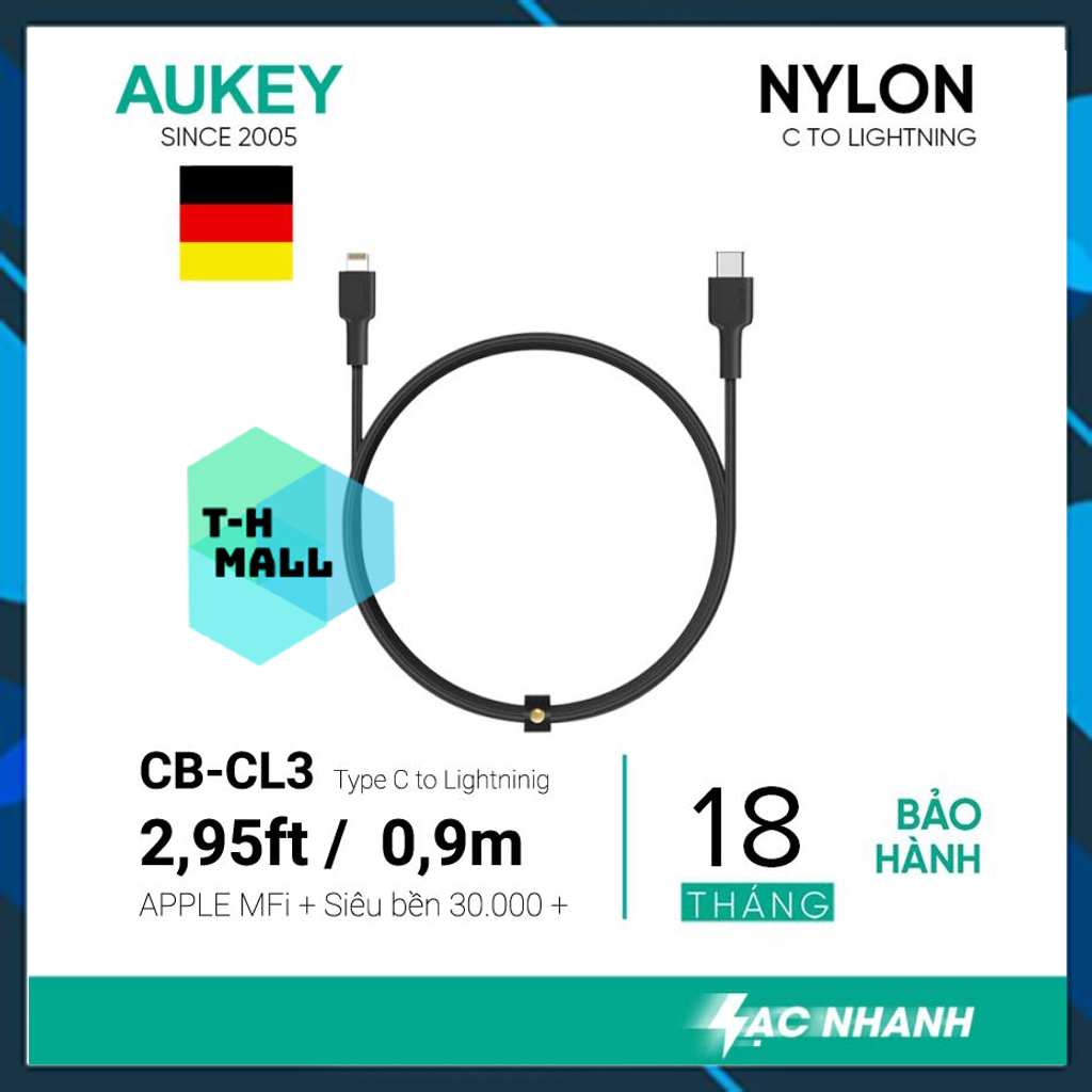Cáp sạc type c to lightning aukey cb-cl3 chuẩn mfi apple bện lưới nylon siêu bền dài 0.9 mét - hàng phân phối chính hãng