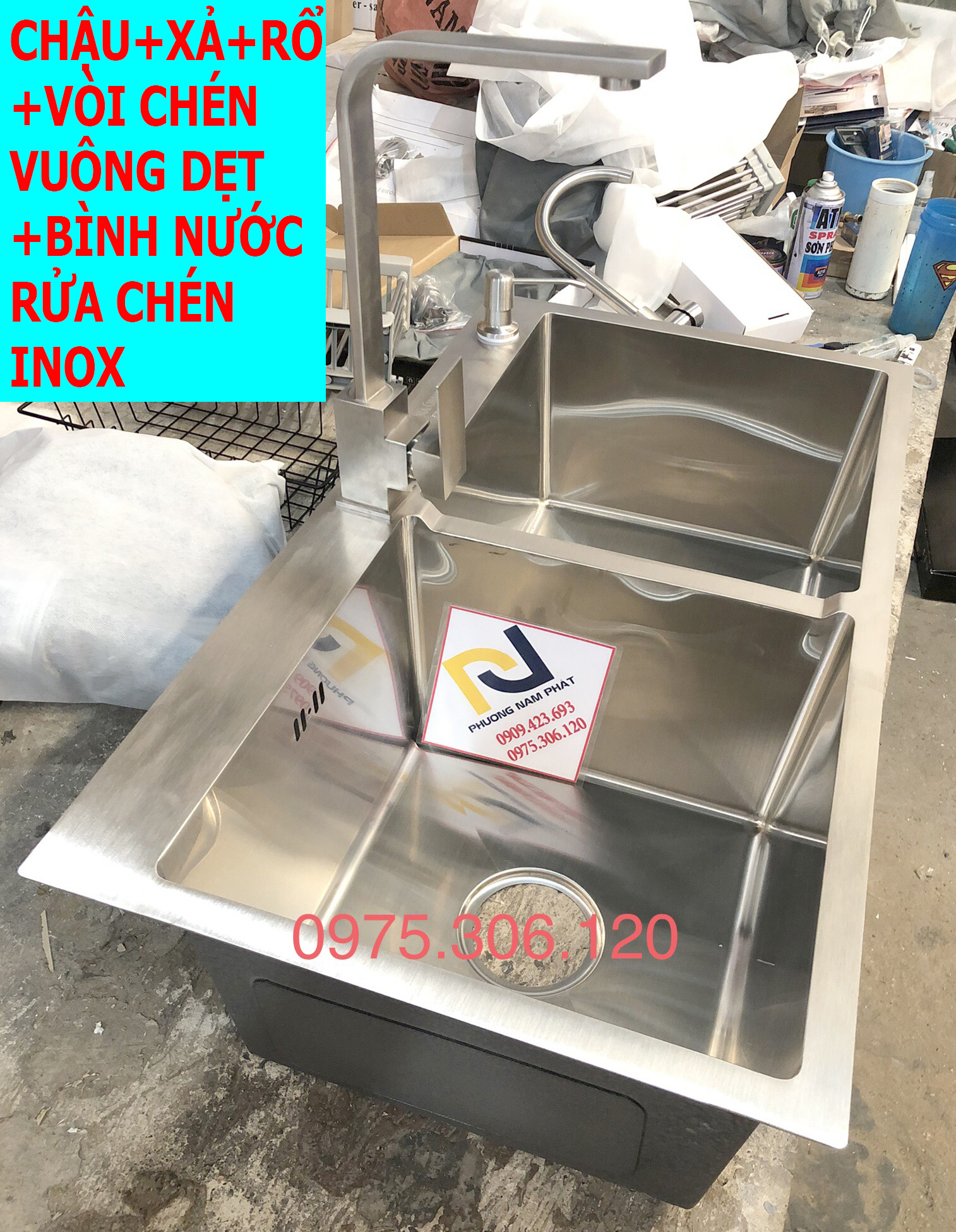 Combo Chậu Rửa Chén Bát INOX 304 N5 8245 và Xả chậu và rổ đa năng và vòi rửa chén nóng lạnh vuông dẹt và bình nước rửa chén inox