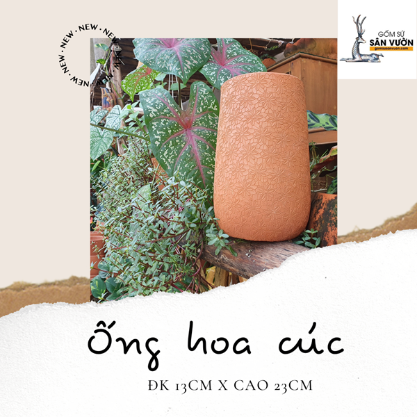 Chậu trồng cây gốm đất nung (terracotta) hình ỐNG HOA CÚC D13xH23cm - gốm sứ sân vườn Bình Dương chất lượng cao