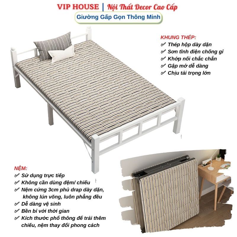 Giường Xếp Gấp Gọn, Giường Ngủ Gấp Gọn Thông Minh Có Nệm Êm Ái Nghỉ Trưa Văn Phòng, Giường Xếp Khung Thép Tại Cửa Hàng, Giường Đa Năng Phòng Ngủ Di Chuyển Dễ Dàng KT 1,9M và 2M GUT006-007