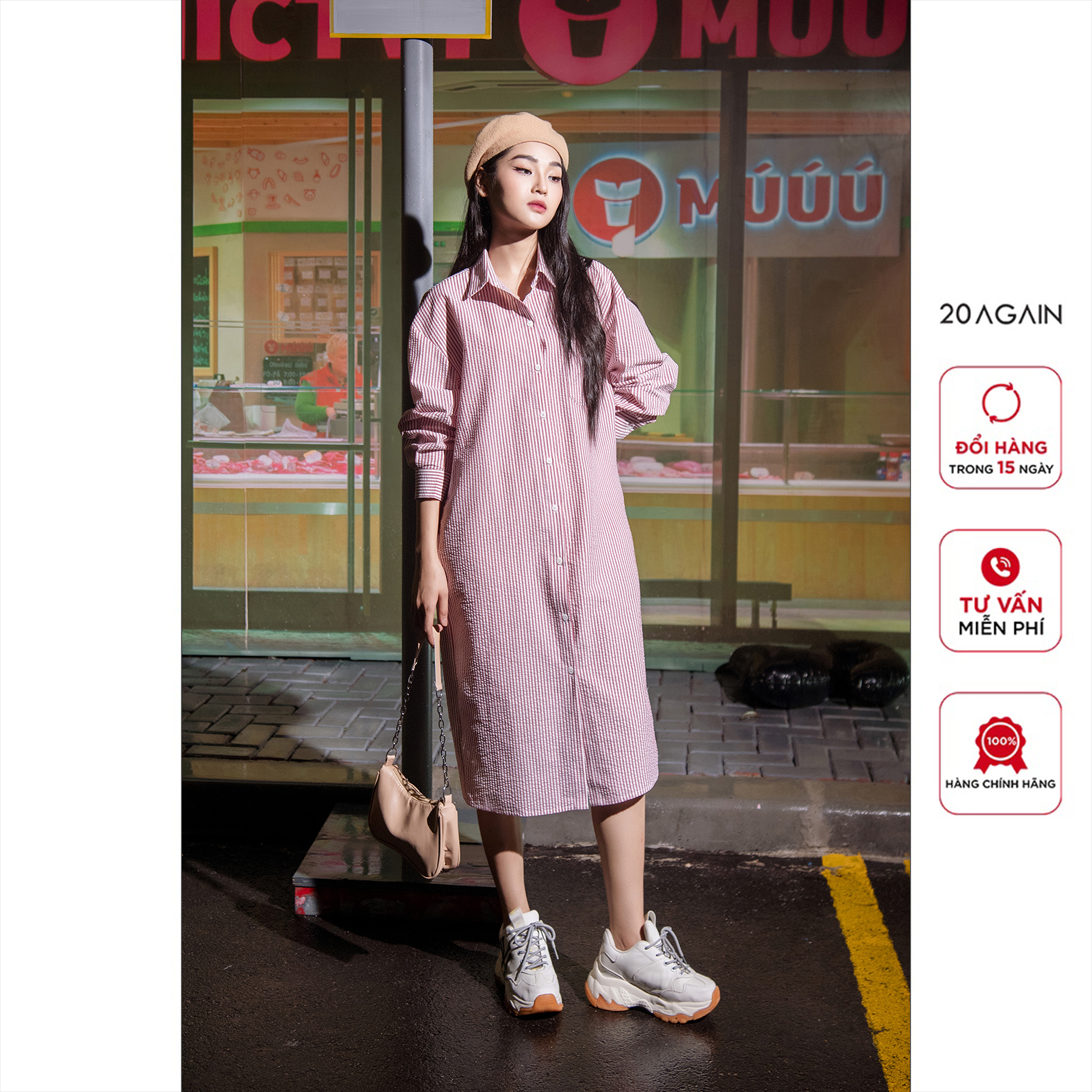 Đầm kẻ tay lỡ 20Again, thiết kế form suông cách điệu, xinh xắn DDA2465