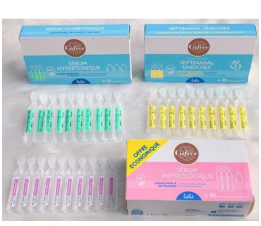 Nước muối sinh lý tép hồng, xanh, vàng Gifrer - Pháp