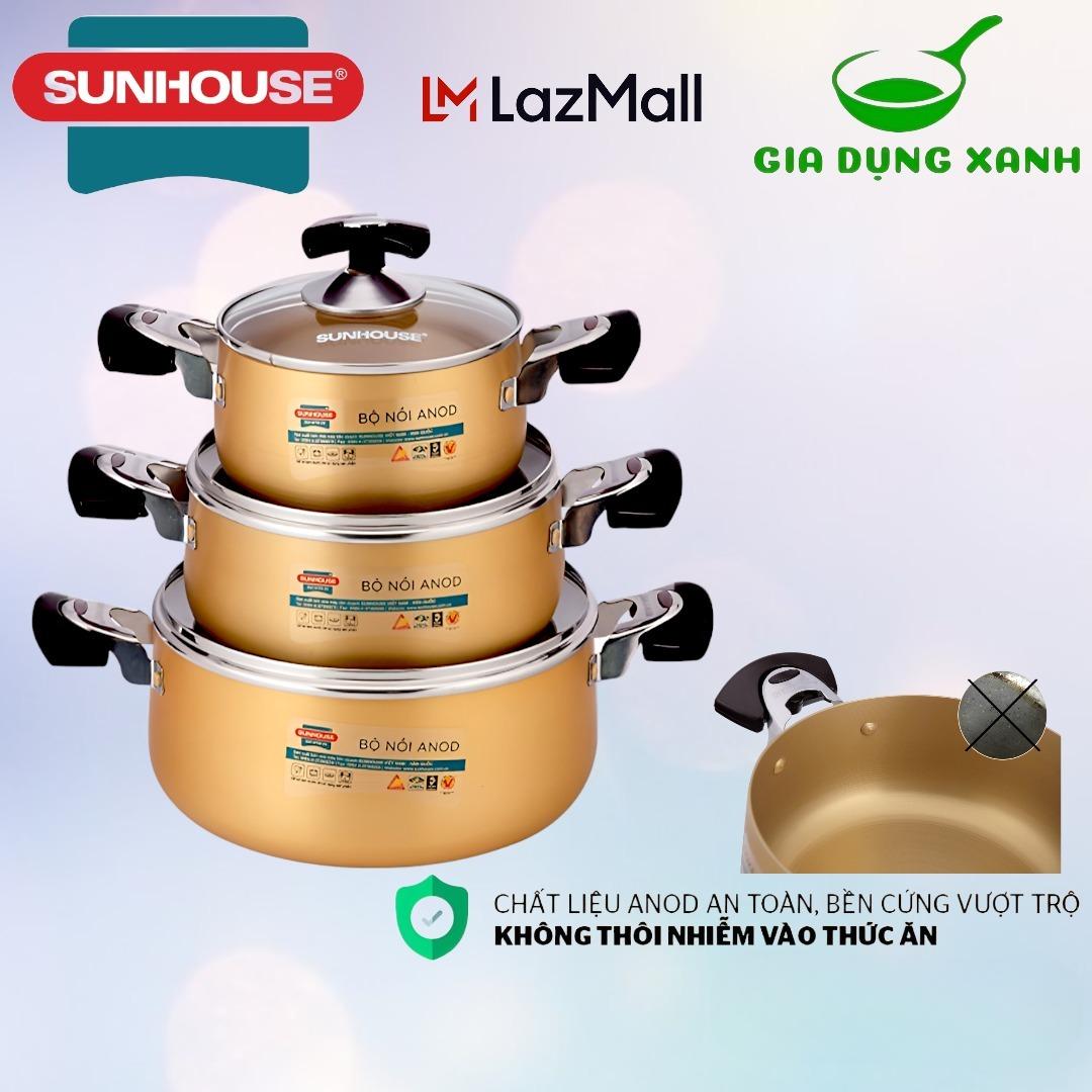 Bộ 3 nồi nhôm anod Sunhouse SH6634N 16-20-24cm (không dùng với bếp từ) hàng chính hãng