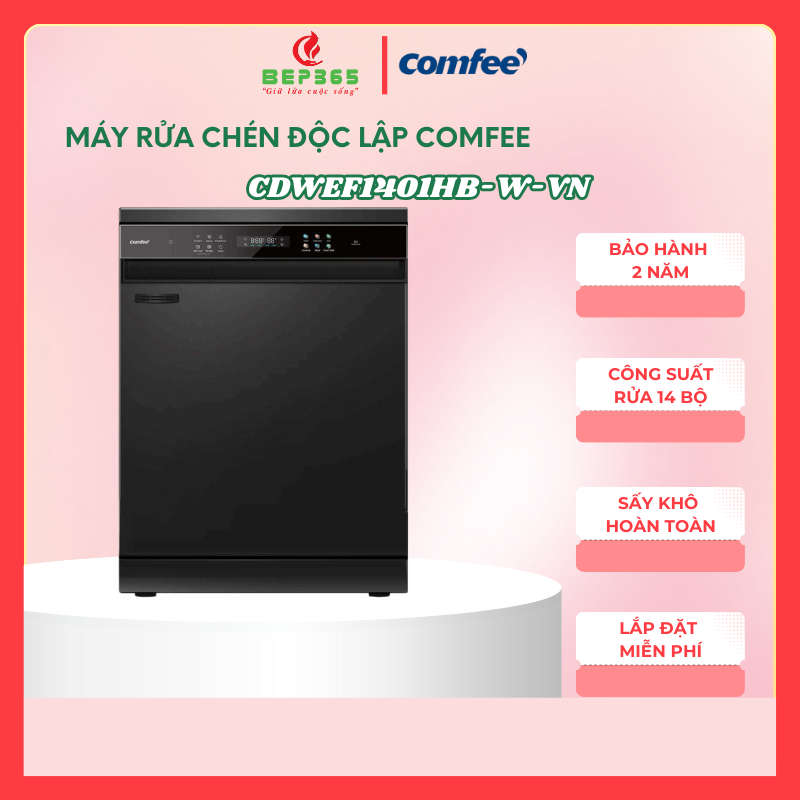 Máy rửa chén độc lập Comfee CDWEF1401HB-W-VN, Sấy khô hoàn toàn, Công suất rửa 14 bộ - BST